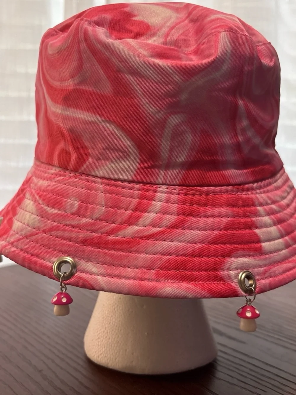 Pink Tie-Dye Bucket Hat with Mushroom Charms - Women Accessories